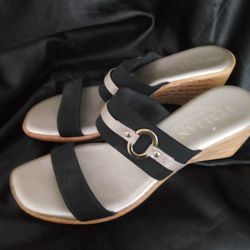 Italian ShoeMakers Black Gold Wedge Elastic Straps Slide Sandals Shoe Women 9