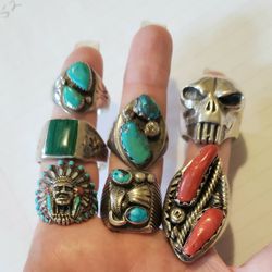 Men's Sterling Silver Turquoise Coral Malachite Rings