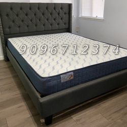 Queen Gray Wingback Button Tufted Bed w. orthopedic Mattress included 