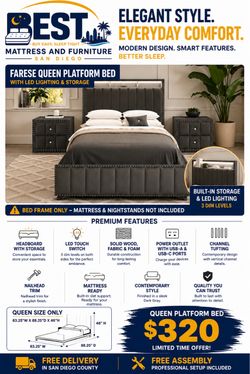 Queen Platform Bed w/ LED Lights, Storage & USB Ports – NEW – $320