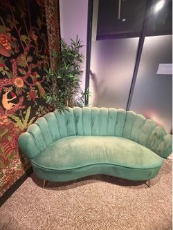 Emerald Green Velvet Scalloped Shell Curved Sofa