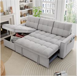 #628AB--Muumblus Convertible Sofa Bed, Sectional Sleeper Sofa with Storage Chaise, L-Shaped Couch for Living Room, Light Gray Chenille