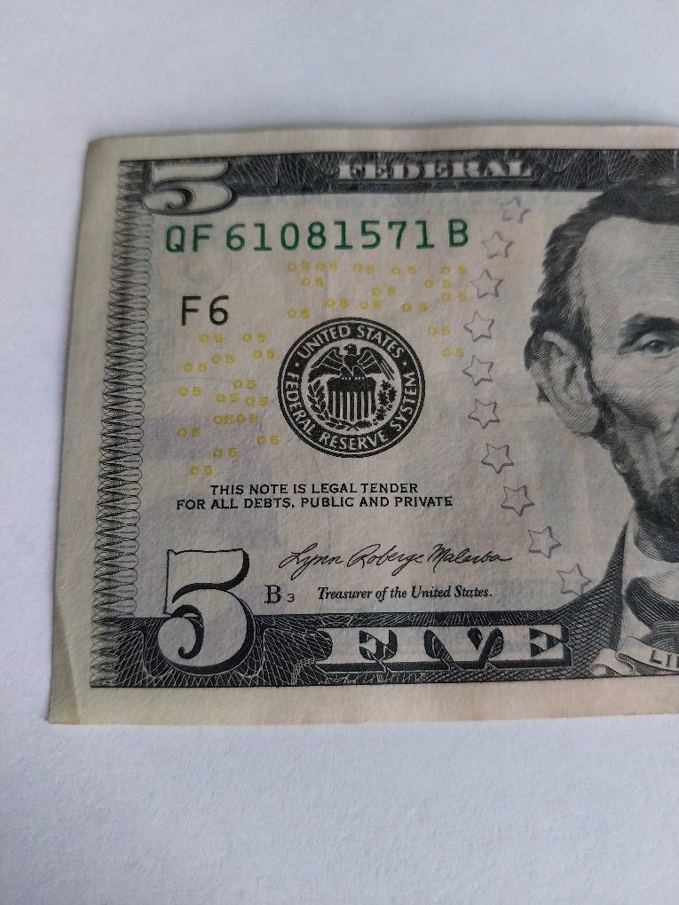 2021 $5. Bill Ink Bleed Through Error. Slightly Off -Set.
