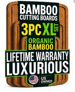 LUXURIOUS Bamboo Cutting Board 3-Piece Set with Carbonized Vertical Grain Strength Technology - Extra Large Wooden Cutting Boards for Kitchen with Dee