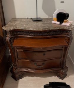 Ornate Wood Nightstand with Marble Top