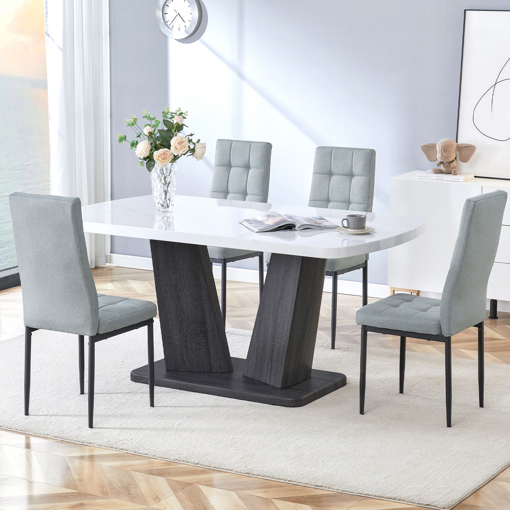 5 Piece Dining Table Set, 1.8 Thickness Tabletop and V-shaped Table Legs, 63 Inch Modern Kitchen Dining Table and Upholstered Dining Chairs for Kitche