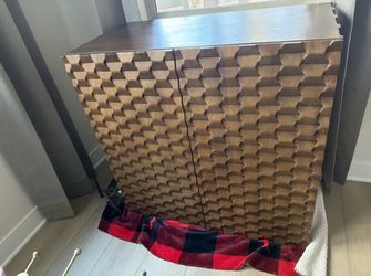 Crate & Barrel Raffael Carved Wood Bar Cabinet w/ Wine & Glass Storage