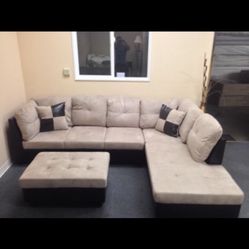 Beige Cream Microfiber Sectional Couch And Ottoman