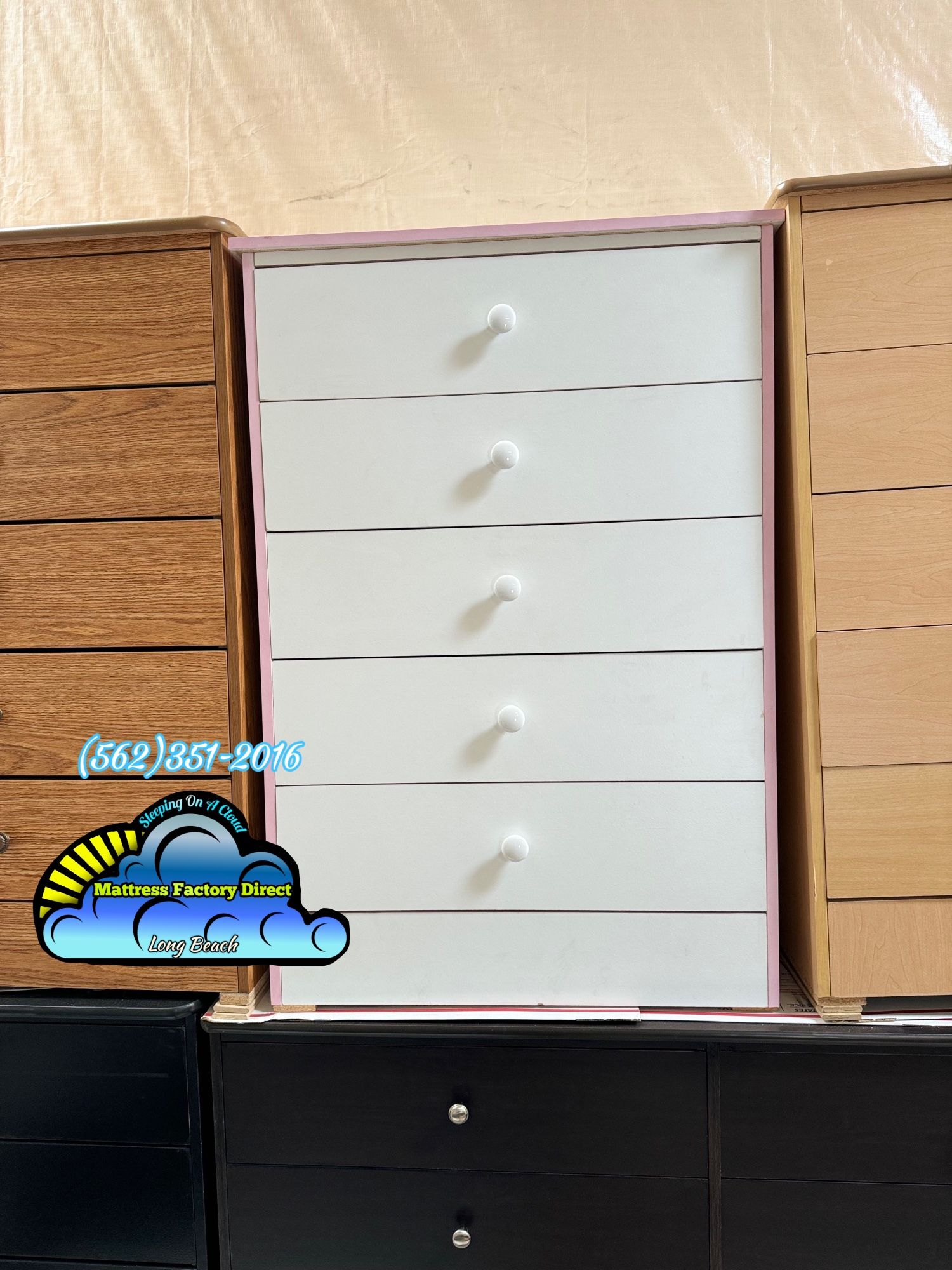 White Pink Five Drawer Dresser Compressed Chest