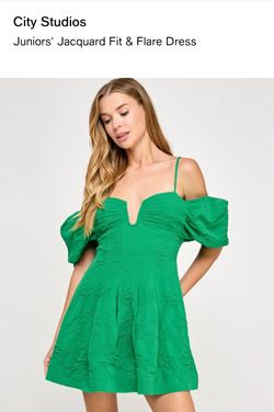 City Studios Juniors Green Jacquard Fit & Flare Off-Shoulder Dress