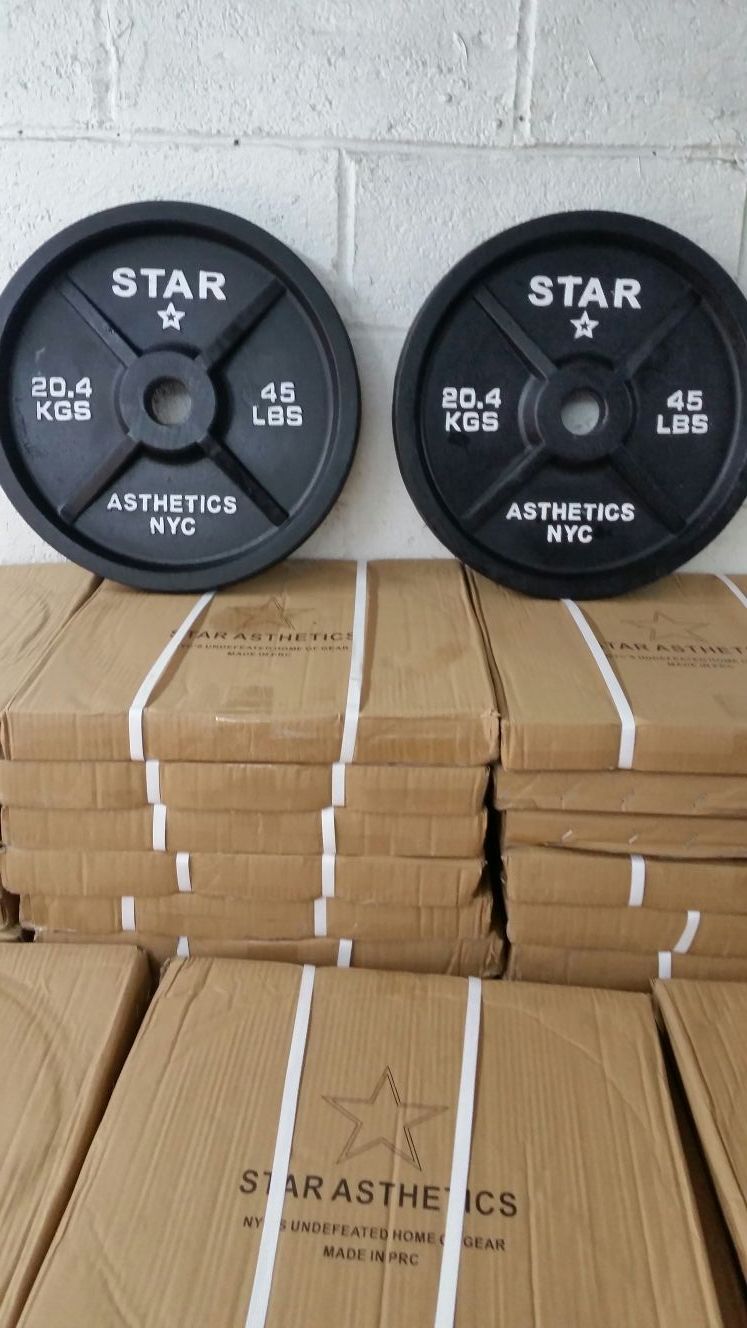 NEW 45LB OLYMPIC WEIGHTS PLATES $69 A PAIR FROM STAR ASTHETICS
