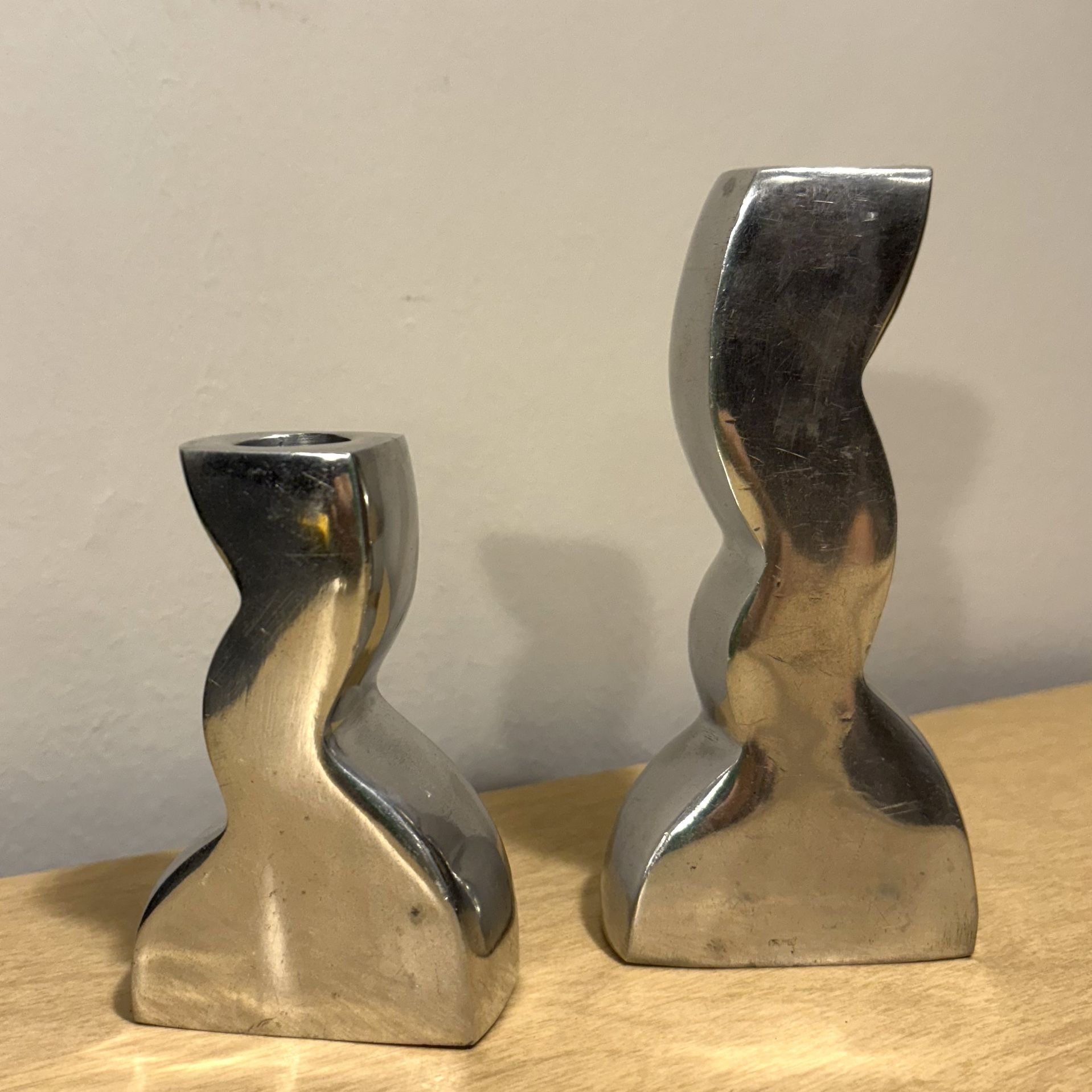 Pair of Retroneu Quattro Modernist Silver Steel Candlestick Holders