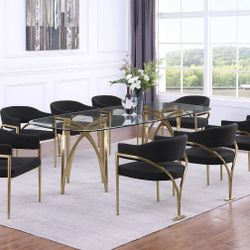 GLAM STYLE MATTE GOLD CHROME FINISH BASE 9 PIECE DINING TABLE SET BLACK CREAM OR GRAY CHAIRS