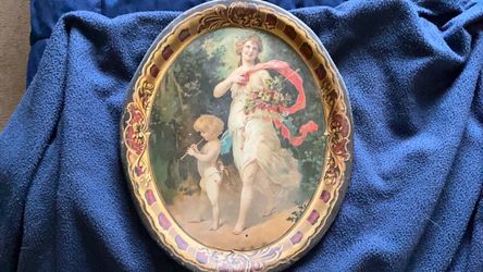 🦋antique advertising tray with flute, playing cherubs and maiden   c 1900   Tray 16 and a half tall 14 inches wide