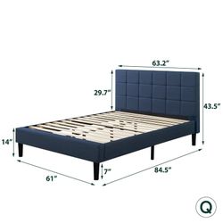 Blue Upholstered Platform Bed  Frame with Blue Headboard