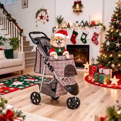 3 Wheels Pet Dog Cat Stroller for Small Medium Dogs Cats, Lightweight Foldable Jogger Stroller w/Storage Basket & Cup Holder, Leopard Print