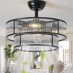 New 20" Black Crystal Chandelier Ceiling Fan with Light Remote Control,Caged Fandelier with 6 Speed