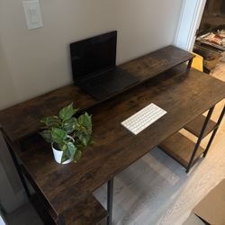 Benjara Industrial 55” Wood & Metal Desk with 2 Shelves (Basically New)