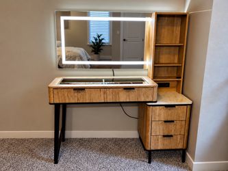 Makeup Vanity + LED Mirror – Glass Top, Storage, Outlets & USB