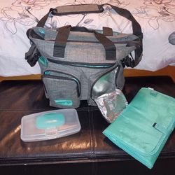 EUC Little Journey Gray and Teal Blue Diaper Bag with Accessories