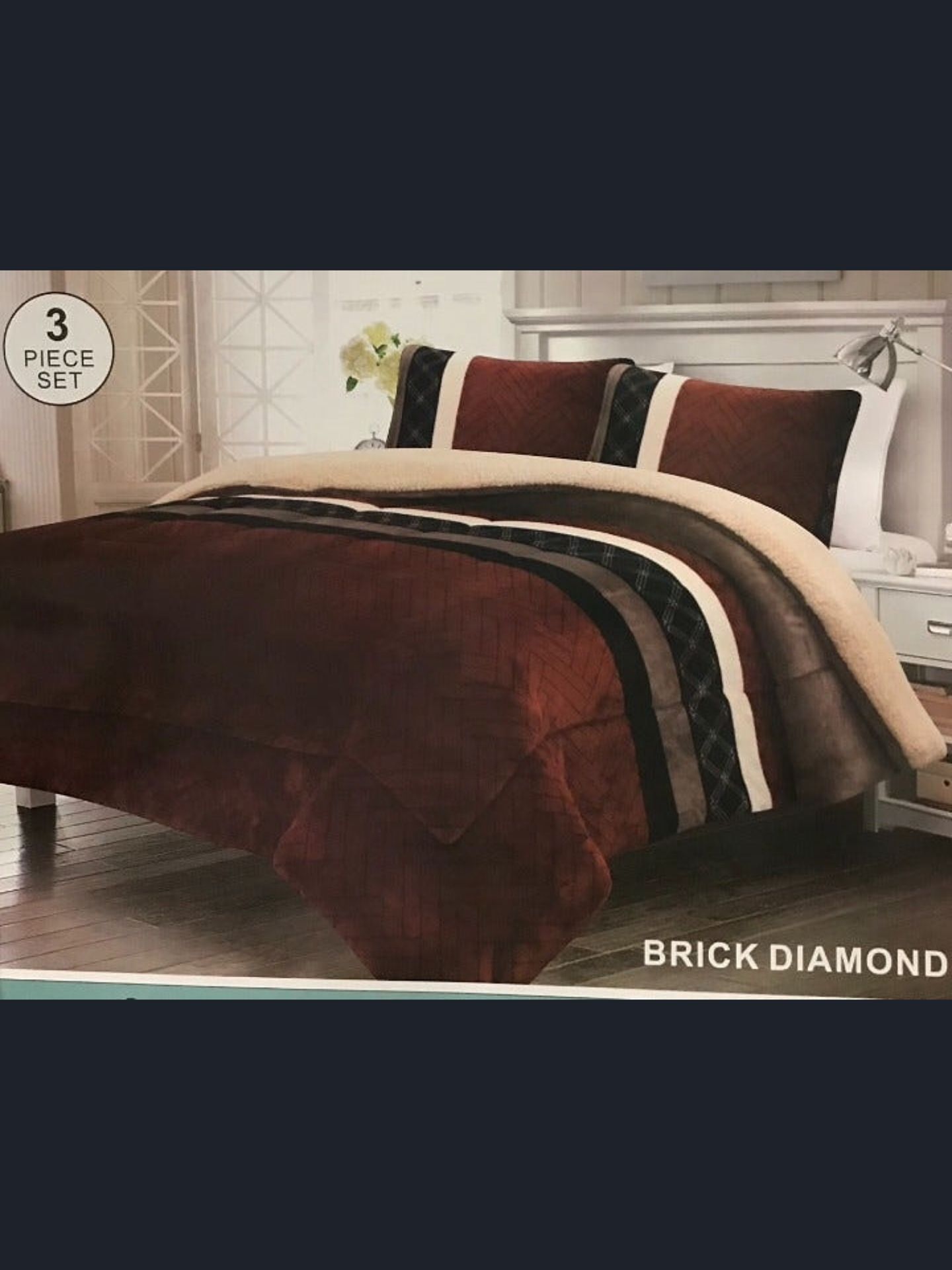 Brand New Modern Rust Beige Super Soft Thick Warm Borrego Sherpa 3 Piece Bed Blanket Set King Size