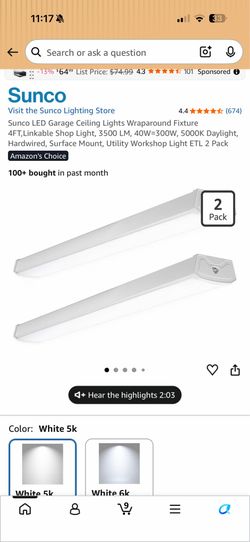 Sunco LED Garage Ceiling Lights Wraparound Fixture 4FT, Linkable Shop Light, 3500 LM, 40W=300W, 5000K Daylight, Hardwired, Surface Mount, Utility Work
