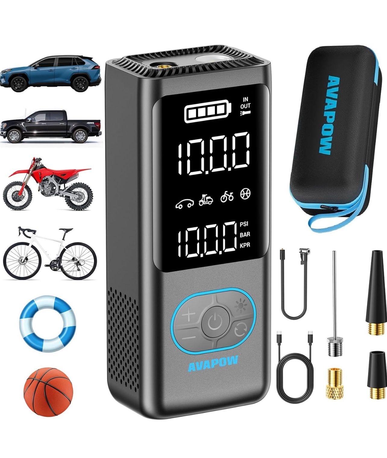 Brandnew  Tire Inflator Portable Air Compressor, 150 PSI Cordless Car Tire Air Pump with Pressure Gauge, 3.7″ LCD Screen, Auto-Shuts Off Tire Pump for