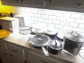IKEA pots, pan, , wine glasses, storage and plates set