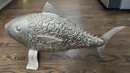 Fish Sculpture - decorative silver-tone / Metal fish sculpture with an intricate embossed scrolls