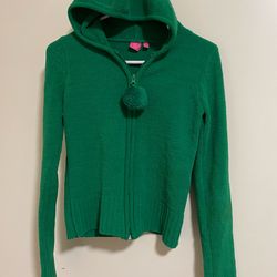 Take Out Girls XL Bright Green Knit Hoodie Pom Pom Zipper Pull Full Zip Sweater