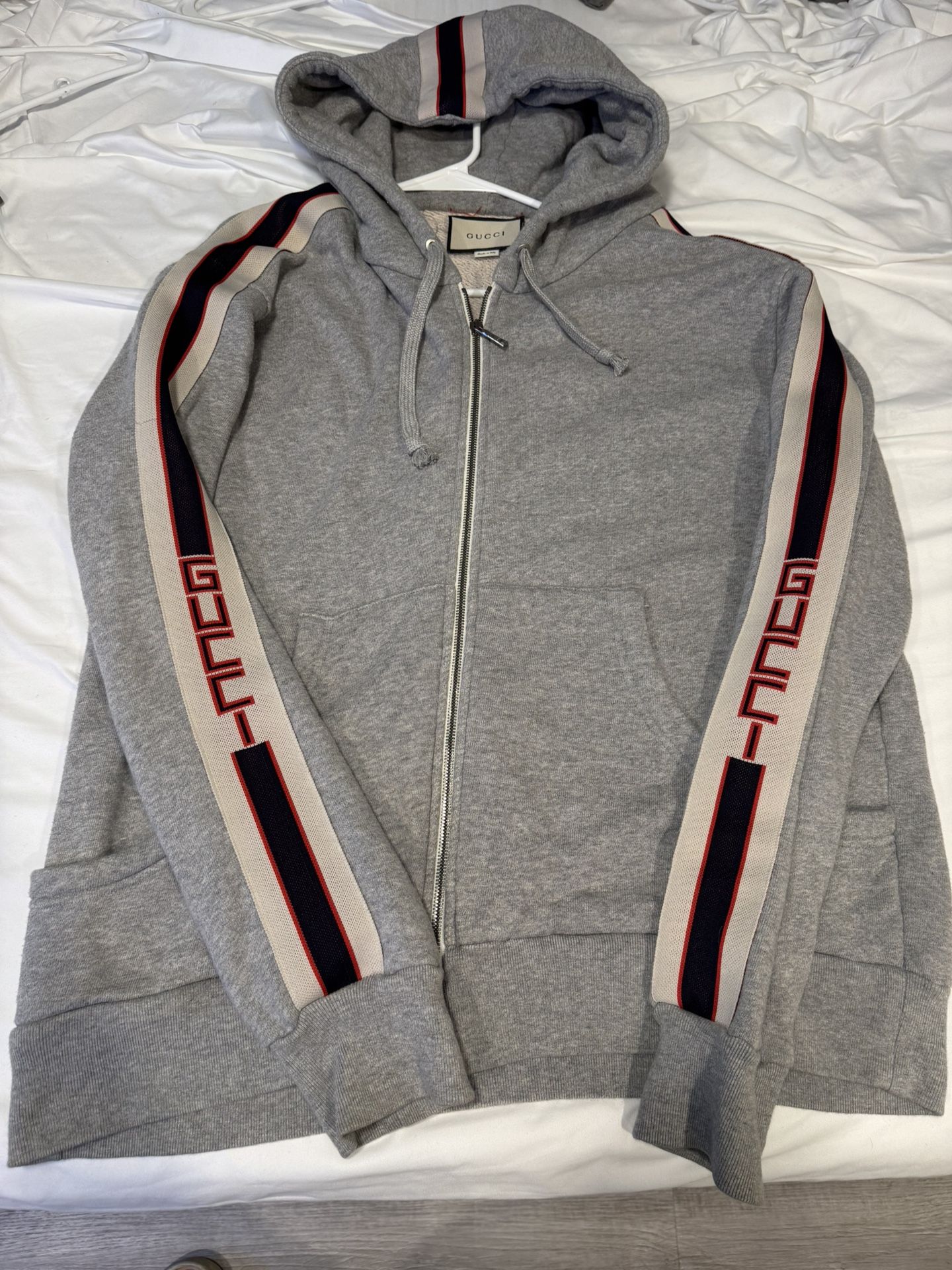 GUCCI Logo Stripe Sweatshirt Track Zip Jacket Hoodie Grey Size L