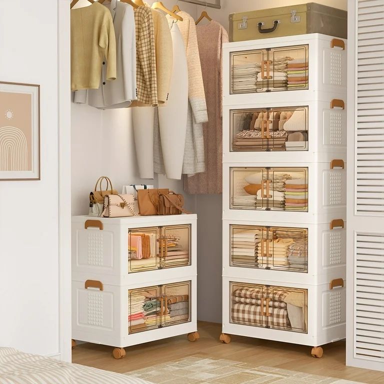 Plastic Stackable Storage Bins with Lids and Wheels, Foldable Storage Containers for Closet, Collapsible Clear Storage Cabinet with Doors White 9.3Gal