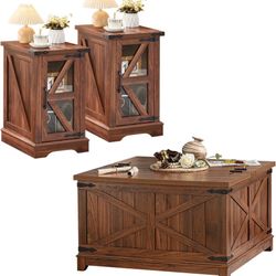 New in box Farmhouse Coffee Table Sets 3 Pieces, Narrow Night Stand with Glass Barn Door Storage, Large Coffee Tables with Hidden Storage Organizer, W