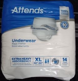 New Attends brand unisex underwear is size XL (58"-68") with extra heavy absorbency. This pack contains 14 units