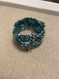 Blue seed bead brained wide cuff bracelet adjustable size coastal