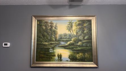 Large Framed Tropical Landscape Oil Painting