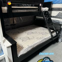 Solid Black Pine Bunk Bed Twin XL / Queen With Mattresses 