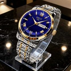 Luxury Men's Business Style Quartz Stainless Steel Wrist Watch With Date Display, Blue Dial & Luminous Hands 