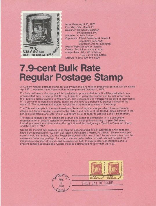 7.9 Cent...Drum (Bulk Rate)...First Day Of Issue (1976)