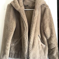Blanknyc Siren Teddy Faux Fur Hooded Bomber Jacket Beige