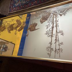 Rare - Gold Etched wall mirror - Asian - Hollywood Regency - cranes