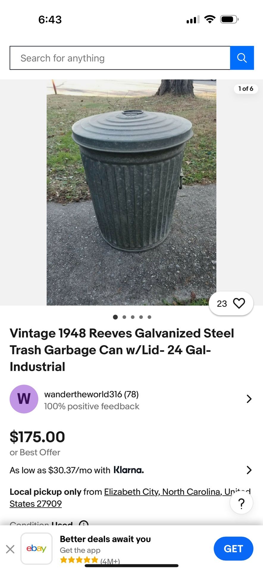 Vintage 1942 Reeves Galvanized Steel Trash Garbage Can w/Lid- 24 Gal-Industrial