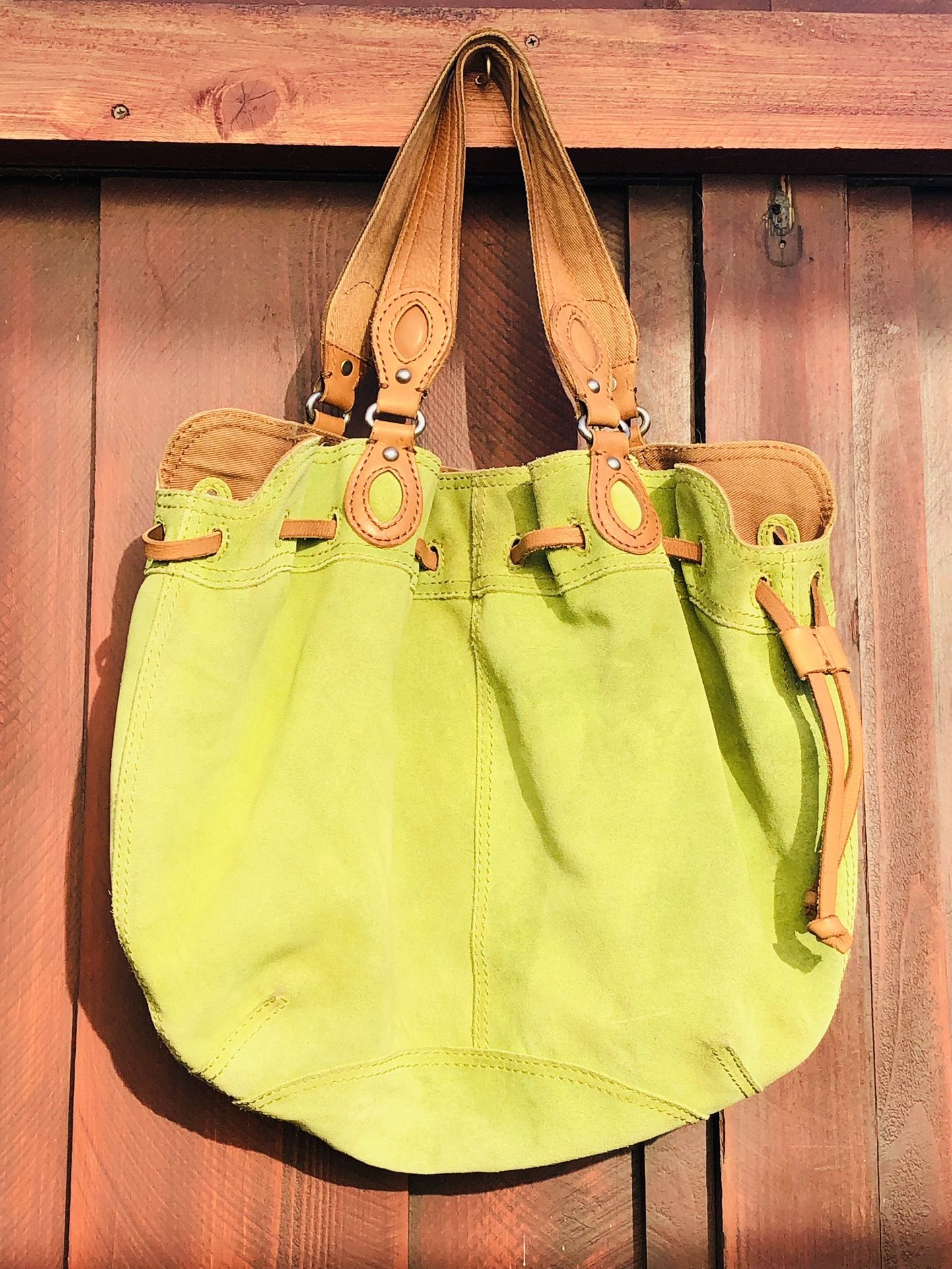 Lucky Brand Avocado Green Suede Leather Hobo Bag Purse Drawstring