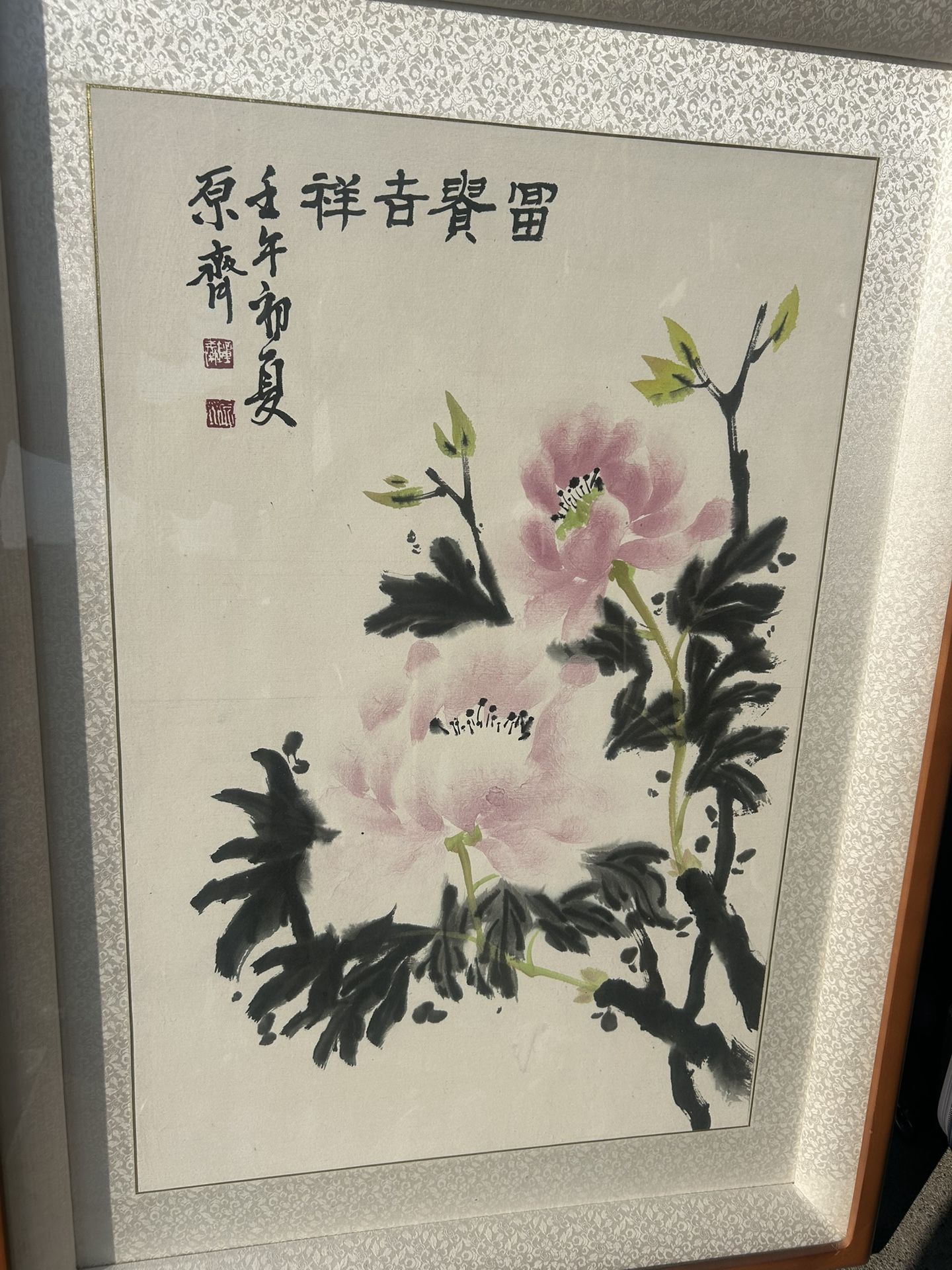 Framed Chinese Painting of pink flowers, likely peonies