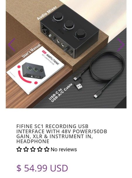 FIFINE SC1 Recording USB Interface with 48V Power/50dB Gain, XLR & Instrument In, Headphone