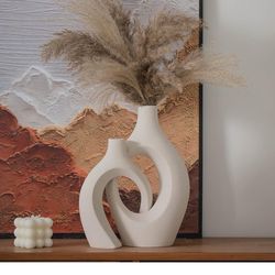 XL Beige Ceramic Vase Set of 2 for Modern Home Decor, Eclectic Entryway Modern Boho Hollow Flower Vases for Living Room Bookshelf Dining Coffee Table 