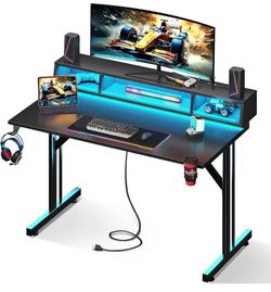 40" Gaming Desk with LED Lights & Power Outlets, Floating Monitor Stand, Small Computer Table