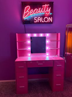 🎀 Pink Makeup Vanity Desk w/ Hollywood Lights & Storage