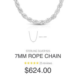 7mm Luke Zion 24 Inches 925 Silver Rope Chain