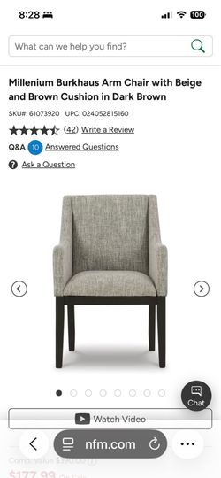 Millenium gray upholstered chair with dark brown legs